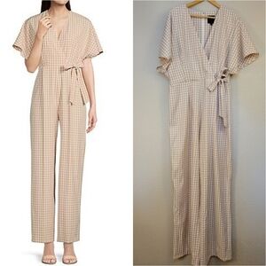 ALEX MARIE Juliana Pants Jumpsuit Wrap Short Sleeve Beige Gingham